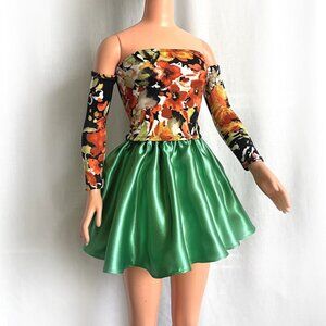 Multicolor floral Top & Green Satin mini Skirt for My Size Barbie Doll 36" New